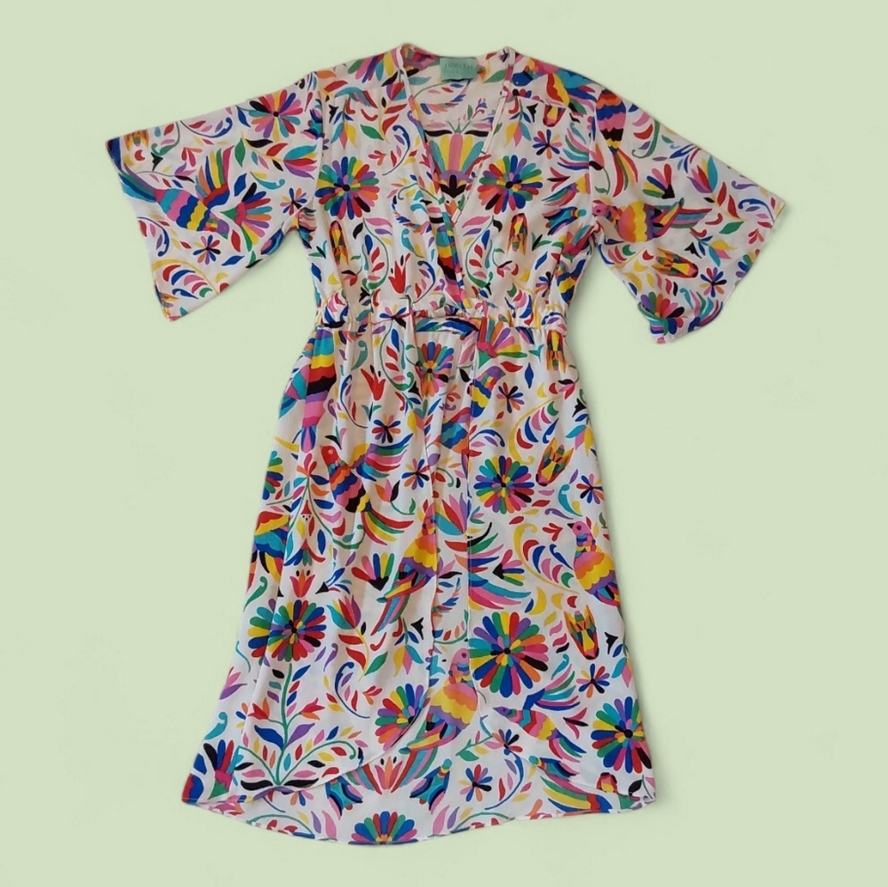 Judith March multicolored rainbow Mexican bird print kimono top Womens Size S